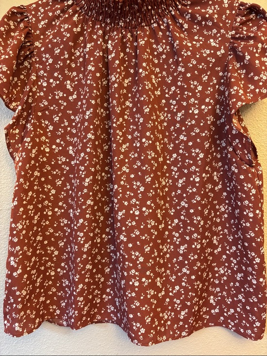 Paper Crane Large Rust White Floral High Neck Puff Flutter Short Sleeve Top - Picture 5 of 10